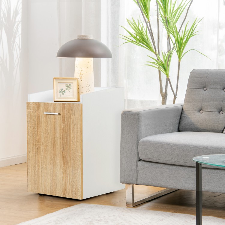 File cabinet with two drawers in white and wood finish, featuring wheels for easy mobility and a spacious top for decor.